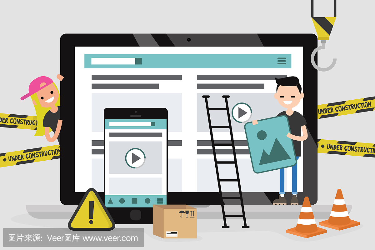 網(wǎng)頁設(shè)計和開發(fā)。網(wǎng)站在建設(shè)中。一群年輕的專業(yè)人士在為一個登陸頁面工作。平面矢量插圖,剪輯藝術(shù)。千禧一代在起作用。數(shù)字創(chuàng)意產(chǎn)業(yè)。